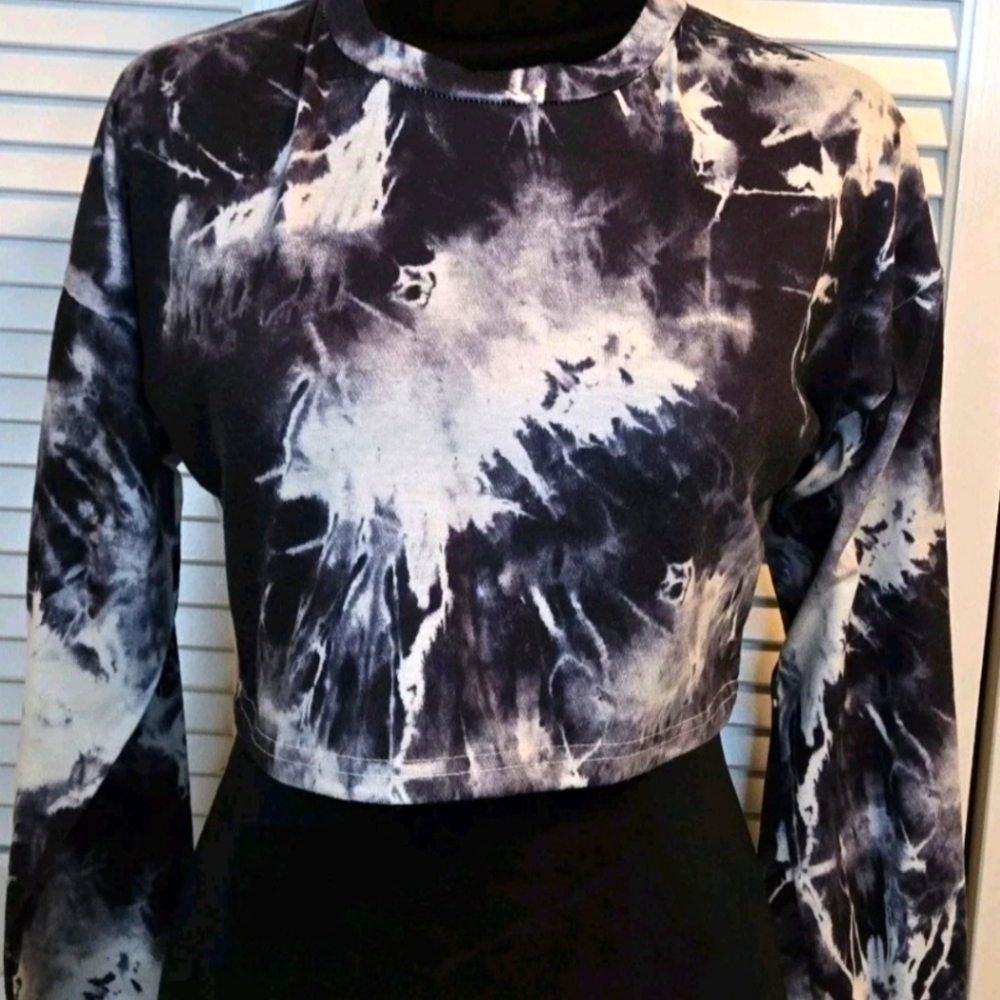 Black White Splatter Tie Dyed Cropped Garage Long Sleeve Top Y2K Hippy Grunge XS